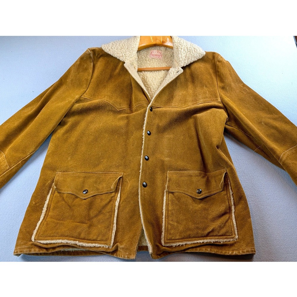 Jo-O-Kay Vintage Suede Leather Western Rancher Jacket Faux Shearling Lined Tan